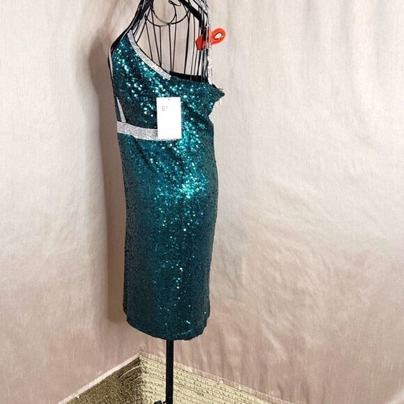 BABE SOCIETY "Doin Numbers" Emerald and Silver Sequin Cocktail‎ Dress Medium - Picture 4 of 8